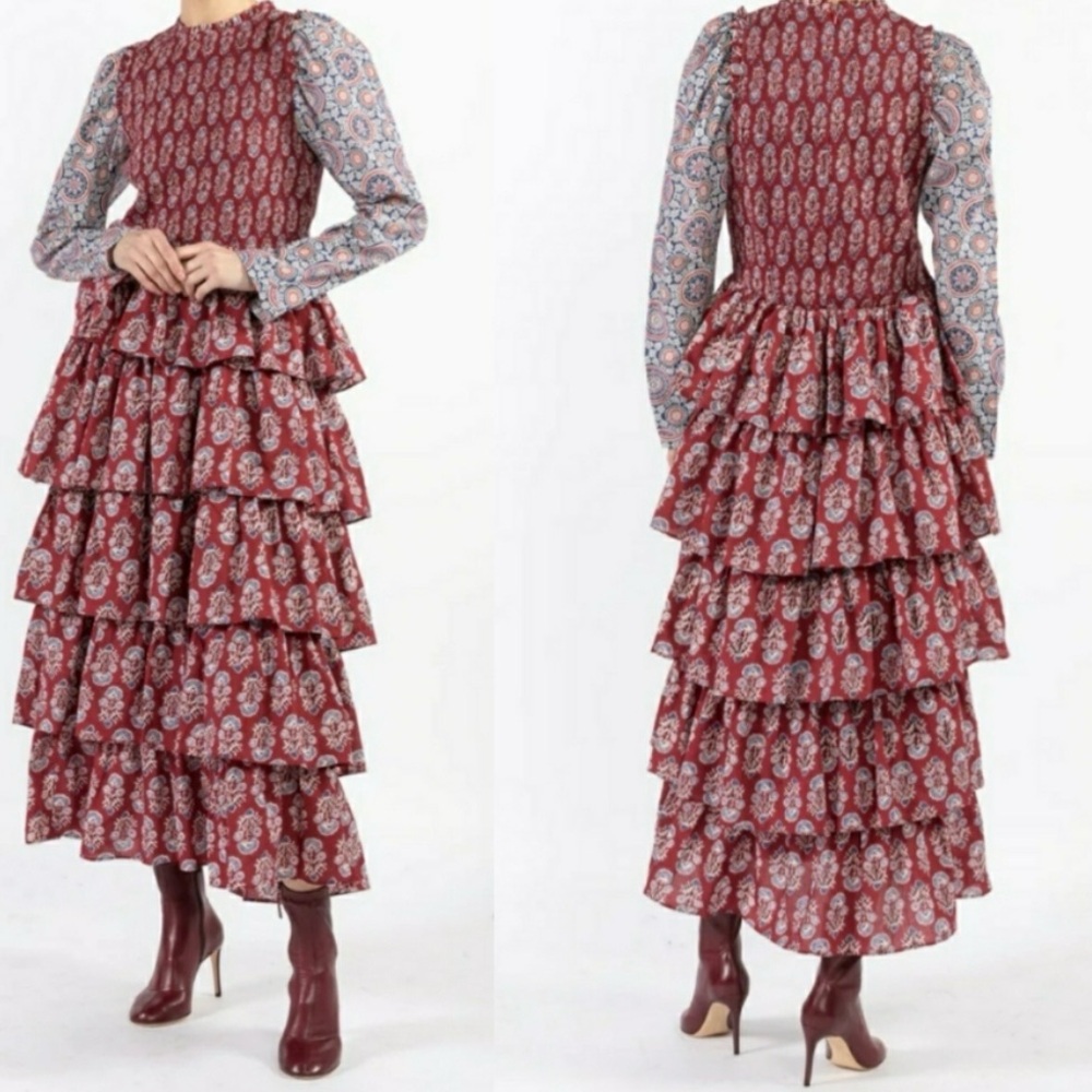 Alix of Bohemia NWT Shelby‎ Mulberry Ruffle Dress Medium Floral Smocked Tiered
